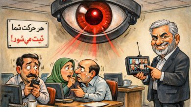 کاریکاتور طنزآمیز رئیس اتاق بازرگانی گیلان که کارمندان را با دوربین مداربسته زیر نظر دارد