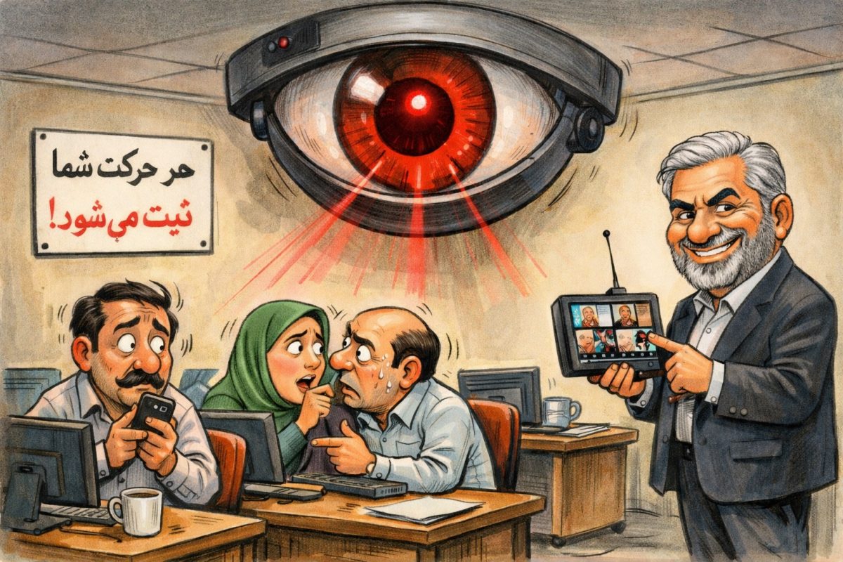 کاریکاتور طنزآمیز رئیس اتاق بازرگانی گیلان که کارمندان را با دوربین مداربسته زیر نظر دارد