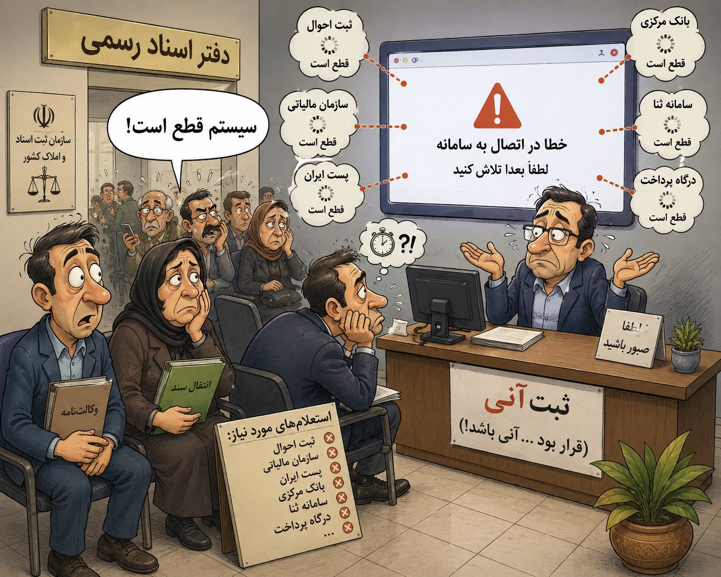 مراجعان منتظر دریافت خدمات در دفتر اسناد رسمی پس از اختلال سامانه ثبت آنی و استعلامهای الکترونیکی