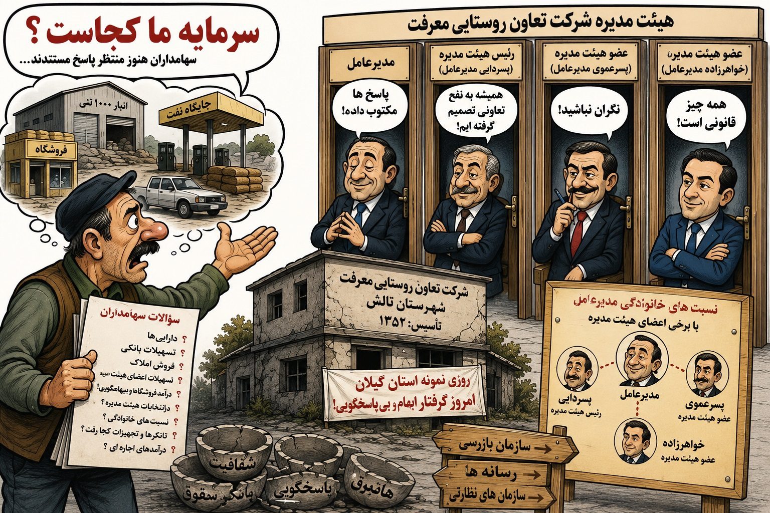 کاریکاتور شرکت تعاون روستایی معرفت تالش و مطالبه شفافیت مالی سهامداران
