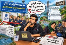 کاریکاتور طنز از مراسم افتتاح ۷۰ پروژه مخابراتی گیلان با ۲۵۲ میلیارد تومان، در حالی که مردمی با تلفن‌های قطع شده پشت تابلوهای افتتاح ایستاده‌اند و سوالاتی درباره کیفیت اینترنت دارند